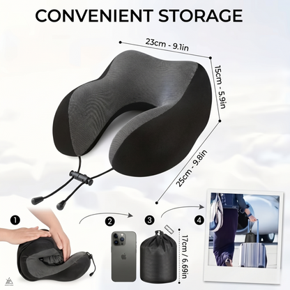Sizing and storage guide for the Alphinea hooded neck pillow. Diagrams show the 360-degree ergonomic pillow dimensions and a 4-step process for rolling the memory foam into its convenient storage bag.