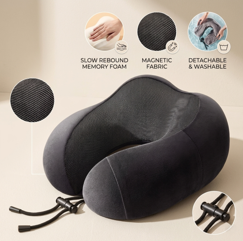Black Alphinea memory foam neck pillow highlighting core benefits: slow-rebound memory foam, magnetic micro-breathable fabric, and a detachable, washable cover.