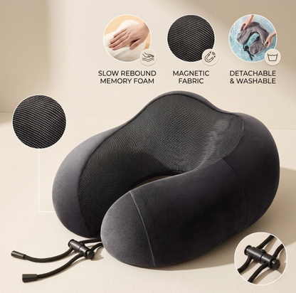 Black Alphinea memory foam neck pillow highlighting core benefits: slow-rebound memory foam, magnetic micro-breathable fabric, and a detachable, washable cover.