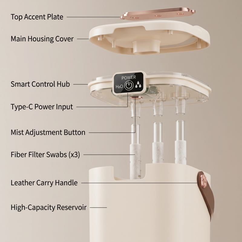 Schéma éclaté de l'humidificateur Alphinea montrant les composants internes tels que le hub de commande intelligent, l'entrée d'alimentation de type C et les écouvillons filtrants en fibre.