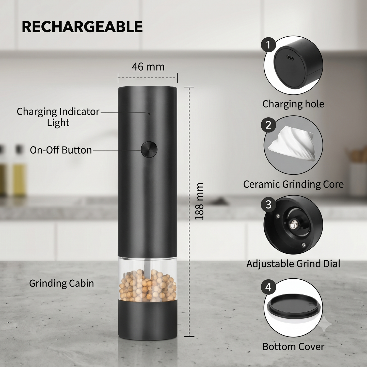 Moulin à sel et à poivre électrique automatique rechargeable, moulin à poivre à mouture réglable, appareils de cuisine Alphinea Store