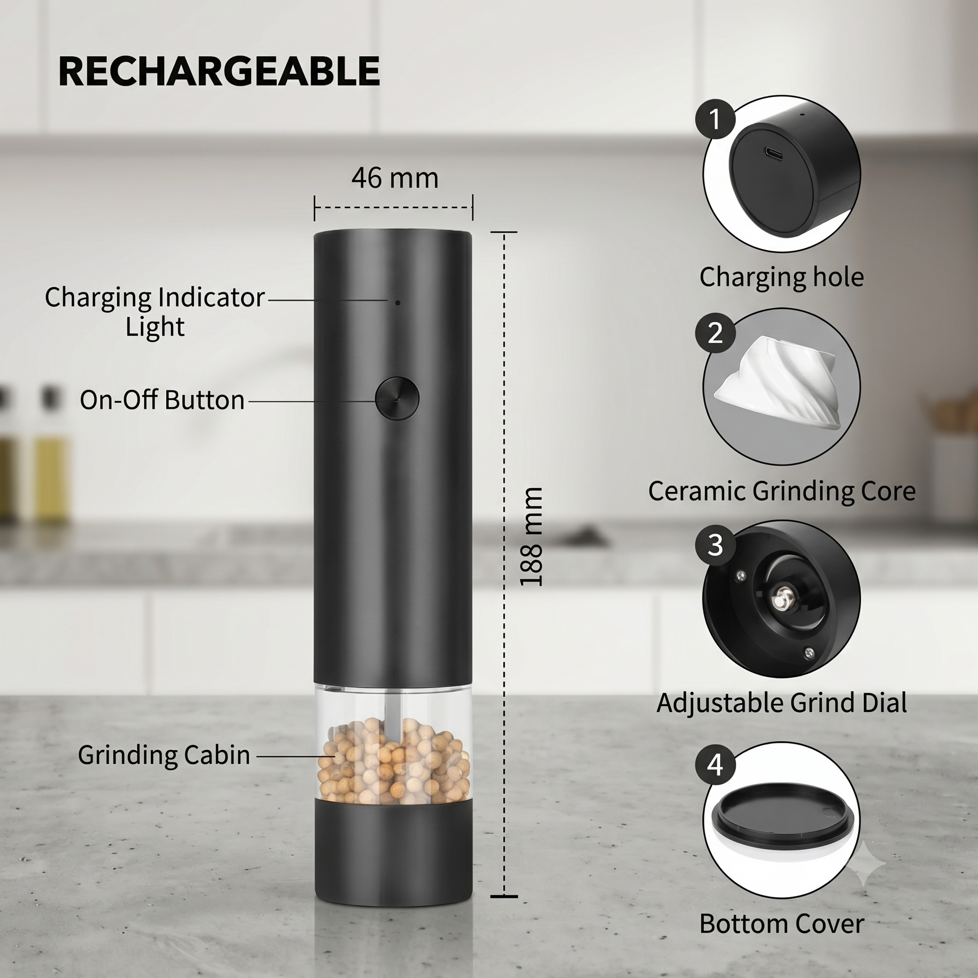 Moulin à sel et à poivre électrique automatique rechargeable, moulin à poivre à mouture réglable, appareils de cuisine Alphinea Store