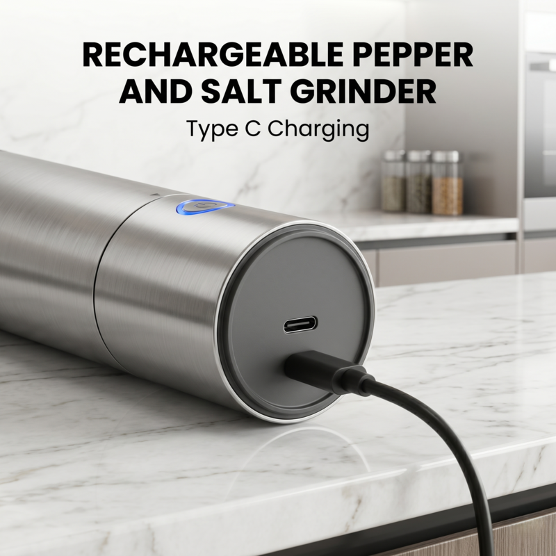 Alphinea rechargeable pepper and salt grinder connected to a Type-C USB charging cable on a kitchen counter.