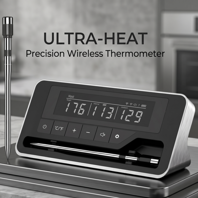 Alphinea Ultra-Heat Precision Wireless Thermometer base station displaying real-time thermal data on a crystal-clear LCD screen in a modern kitchen setting.