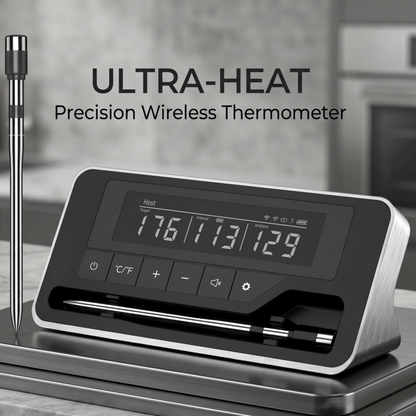 Alphinea Ultra-Heat Precision Wireless Thermometer base station displaying real-time thermal data on a crystal-clear LCD screen in a modern kitchen setting.