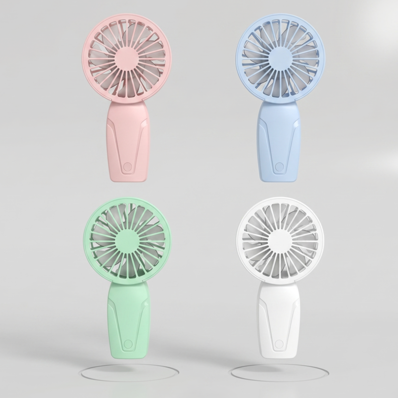 A collection of four Alphinea USB rechargeable portable mini fans, showcasing the available color options: pastel pink, light blue, mint green, and white.