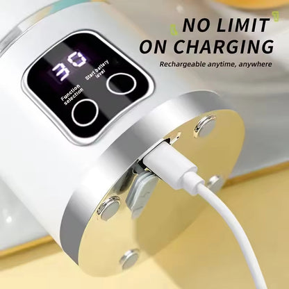 Close-up of the white Alphinea blender base showing a USB charging cable plugged in, emphasizing the rechargeable battery and digital screen.