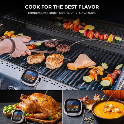 Collage demonstrating the versatility of the Alphinea digital thermometer, showing it being used for outdoor grilling, roasting a holiday turkey, and precision liquid temperature monitoring.