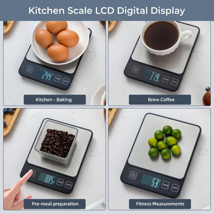 Die digitale Mehrzweck-Küchenwaage Alphinea wird für verschiedene Anwendungen eingesetzt, darunter Backen, Kaffeekochen, Zubereitung von Mahlzeiten und Portionskontrolle beim Fitnesstraining.