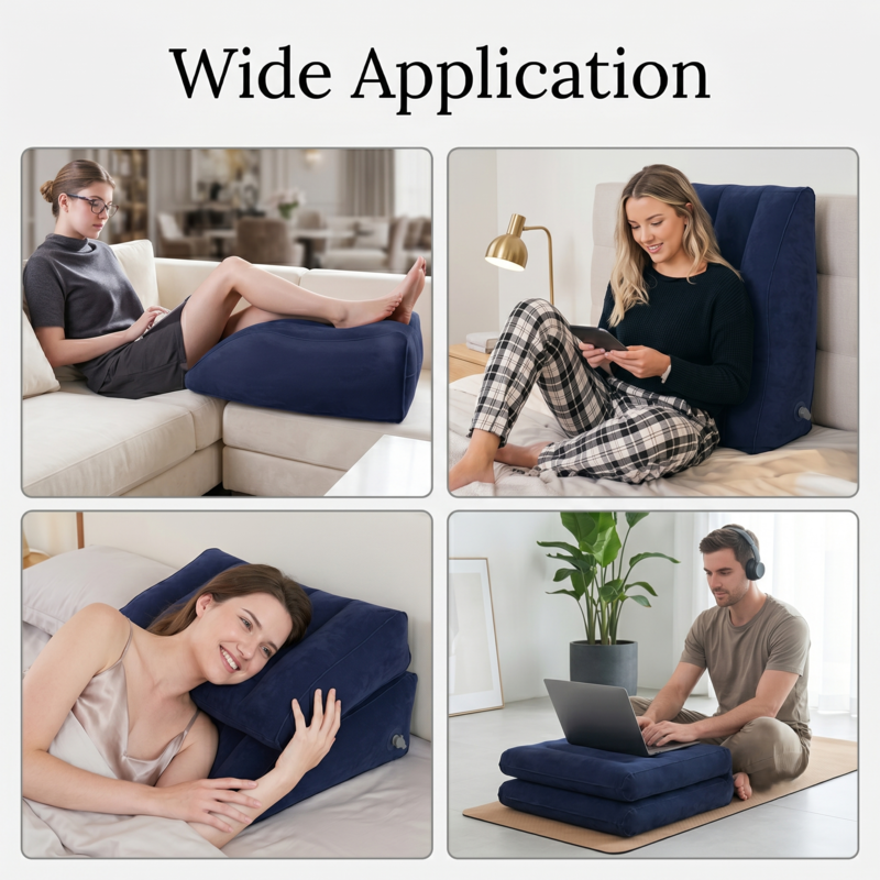 Vier Beispiele aus dem Alltag, wie das vielseitige Alphinea Beinhochlagerungskissen zum Schlafen, Lesen auf dem Sofa, zur Rückenstütze und als Laptop-Ablage verwendet werden kann.