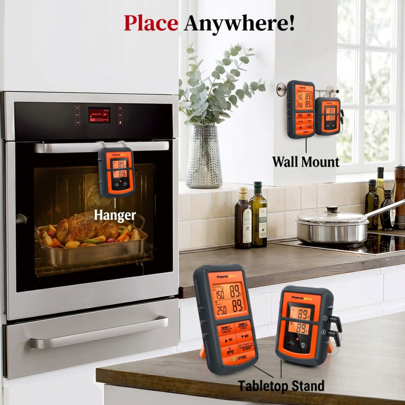 Versatile placement options for the Alphinea wireless meat thermometer receiver, illustrating a wall mount, oven handle hanger, and tabletop stand setup in a modern kitchen.