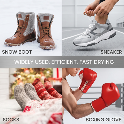 Der vielseitige Alphinea Schuh- und Handschuhtrockner trocknet effizient Schneestiefel, Turnschuhe, Socken und Boxhandschuhe und beweist damit seine schnelle und vielseitige Einsatzmöglichkeit.