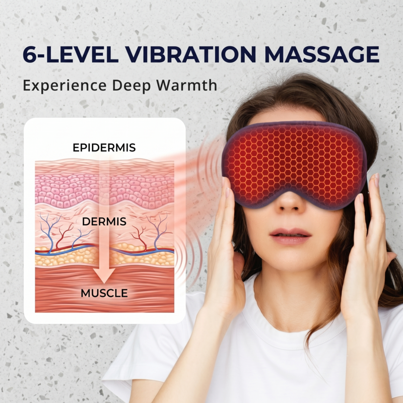 Schéma illustrant le massage par vibration à 6 niveaux du masque pour les yeux Alphinea, montrant une chaleur profonde pénétrant à travers l'épiderme, le derme et les couches musculaires pour une relaxation optimale.