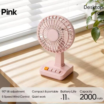 Ventilateur de bureau vintage Alphinea rose pâle diffusant une douce brise rafraîchissante sur un bureau moderne, lumineux et esthétique.