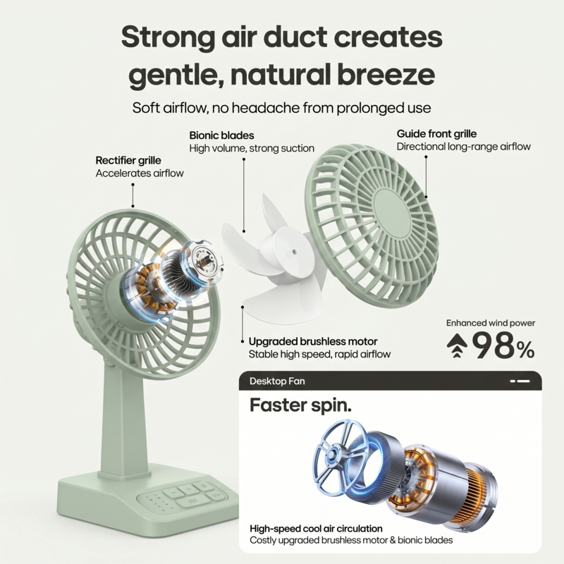 Présentation technique du ventilateur vintage Alphinea mettant en valeur son moteur sans balais haute vitesse amélioré et son conduit d'air robuste pour une circulation d'air efficace.