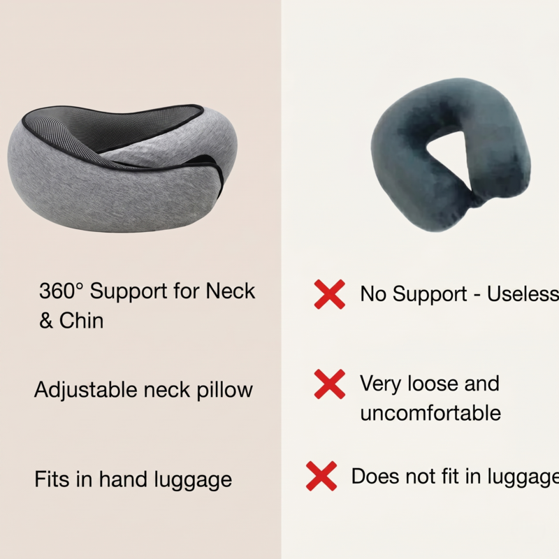 A comparison graphic showing the Alphinea Snail-Style Pillow providing 360-degree support for neck and chin, contrasted against standard U-pillows that are marked as loose, unsupportive, and bulky.