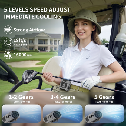 Woman golfing outdoors using the Alphinea portable waist clip fan. Graphic overlays highlight the 5 adjustable speed levels for immediate cooling.