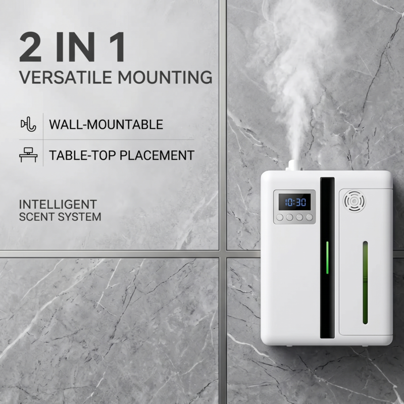 Diffuseur de parfum intelligent White Alphinea présentant 2 options de montage polyvalentes en 1, permettant une installation murale ou sur table.