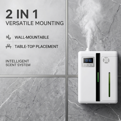 Diffuseur de parfum intelligent White Alphinea présentant 2 options de montage polyvalentes en 1, permettant une installation murale ou sur table.