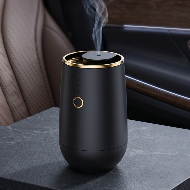Édition noire du diffuseur de voiture sans eau Alphinea, qui diffuse activement une brume parfumée à l'intérieur d'une voiture sombre.