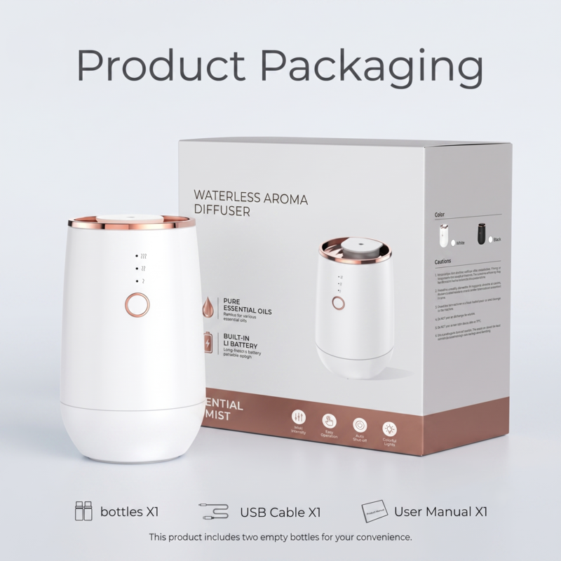 Boîte d'emballage du produit de vente au détail pour le diffuseur d'huiles essentielles sans eau Alphinea, présentée à côté de l'appareil blanc et de ses accessoires inclus.