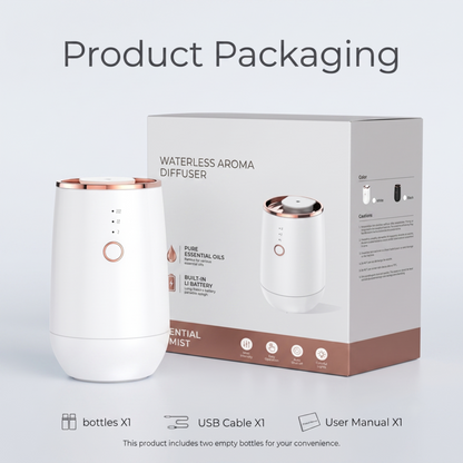 Boîte d'emballage du produit de vente au détail pour le diffuseur d'huiles essentielles sans eau Alphinea, présentée à côté de l'appareil blanc et de ses accessoires inclus.