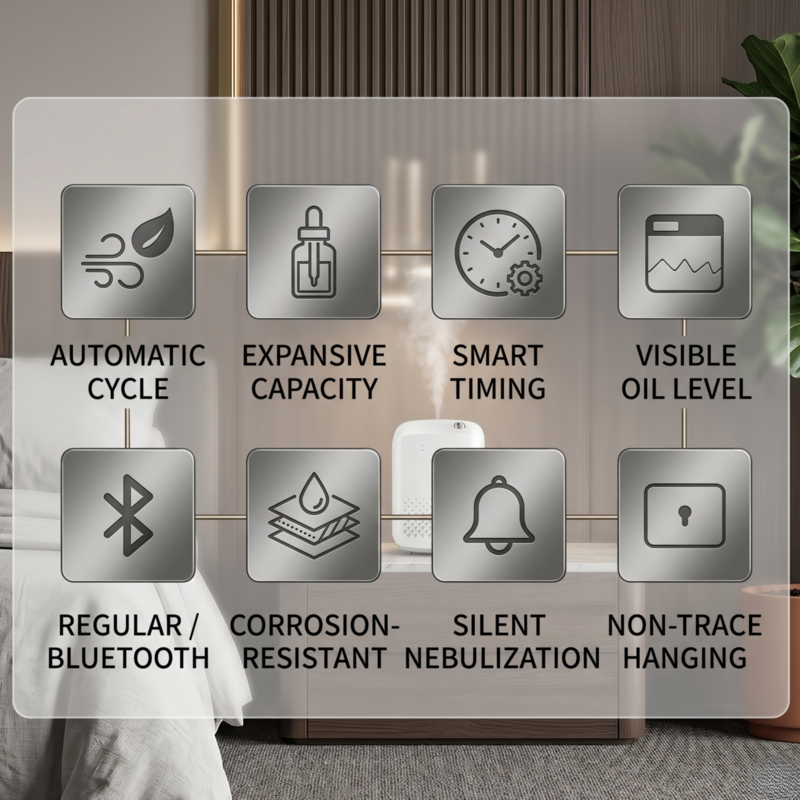 Grille de huit fonctionnalités intelligentes pour le diffuseur de parfum Alphinea, incluant le contrôle via une application Bluetooth, la nébulisation silencieuse et le cycle automatique.