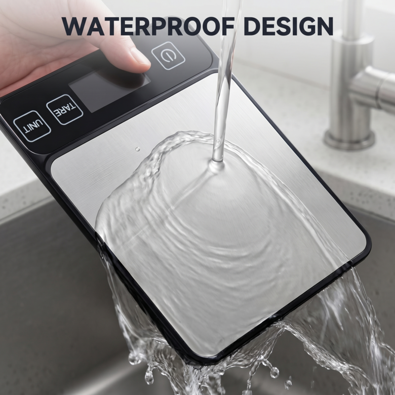 Wasser, das über die wasserdichte digitale Küchenwaage Alphinea in einem Spülbecken läuft, demonstriert die einfache Reinigung und Langlebigkeit.