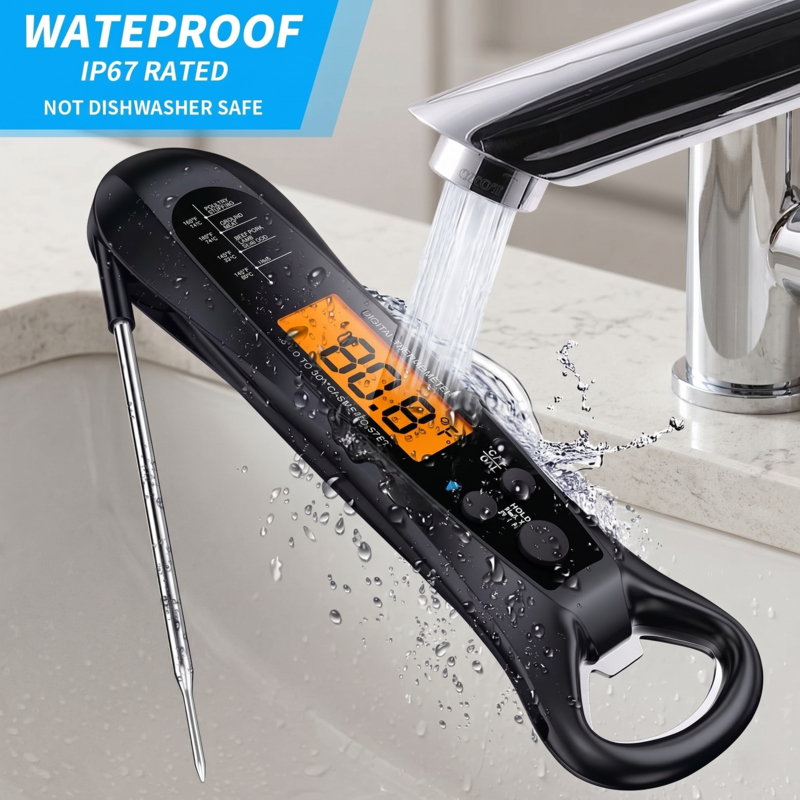 Rugged and waterproof Alphinea digital food thermometer being safely washed under a running kitchen faucet. IP67 rated for easy sanitation and long-term durability.