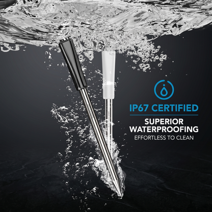 Les sondes à viande étanches certifiées IP67 d'Alphinea résistent aux éclaboussures d'eau, démontrant un nettoyage facile et une résistance supérieure à l'eau pour une utilisation en cuisine en toute sécurité.