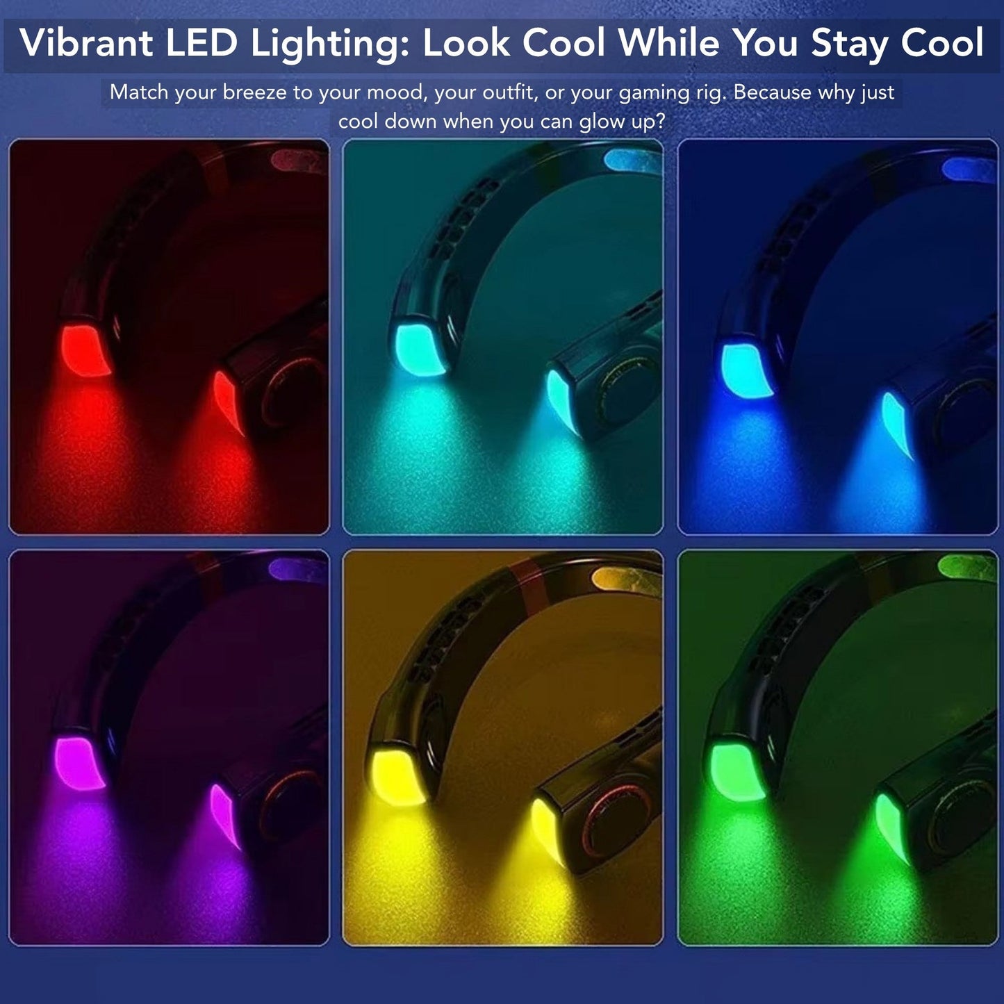 Grille présentant les options d'éclairage LED multicolores et éclatantes du ventilateur portable ergonomique Alphinea.