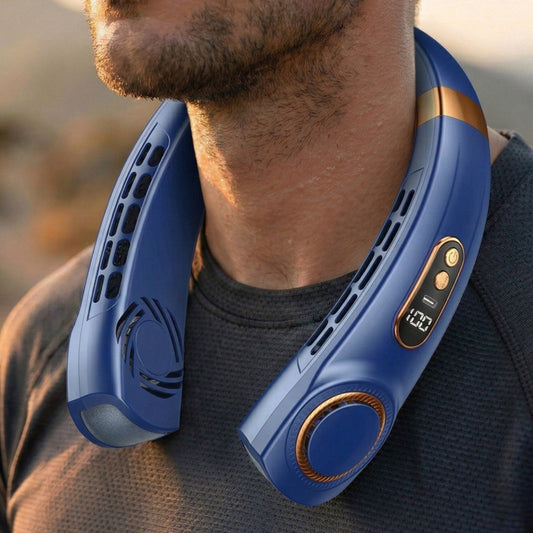 Man wearing the blue Alphinea wearable neck cooler outdoors, featuring a bladeless design and intelligent digital display.
