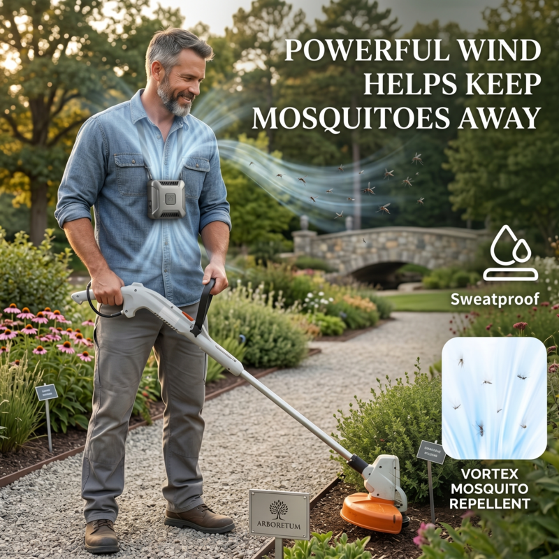 Man doing yard work outdoors wearing the Alphinea portable fan around his neck, utilizing the powerful wind to stay cool and keep mosquitoes away.