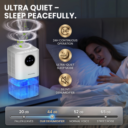 Woman sleeping soundly next to the Alphinea Dehumidifier, highlighting its whisper-quiet engineering and near-silent acoustic footprint for the bedroom.