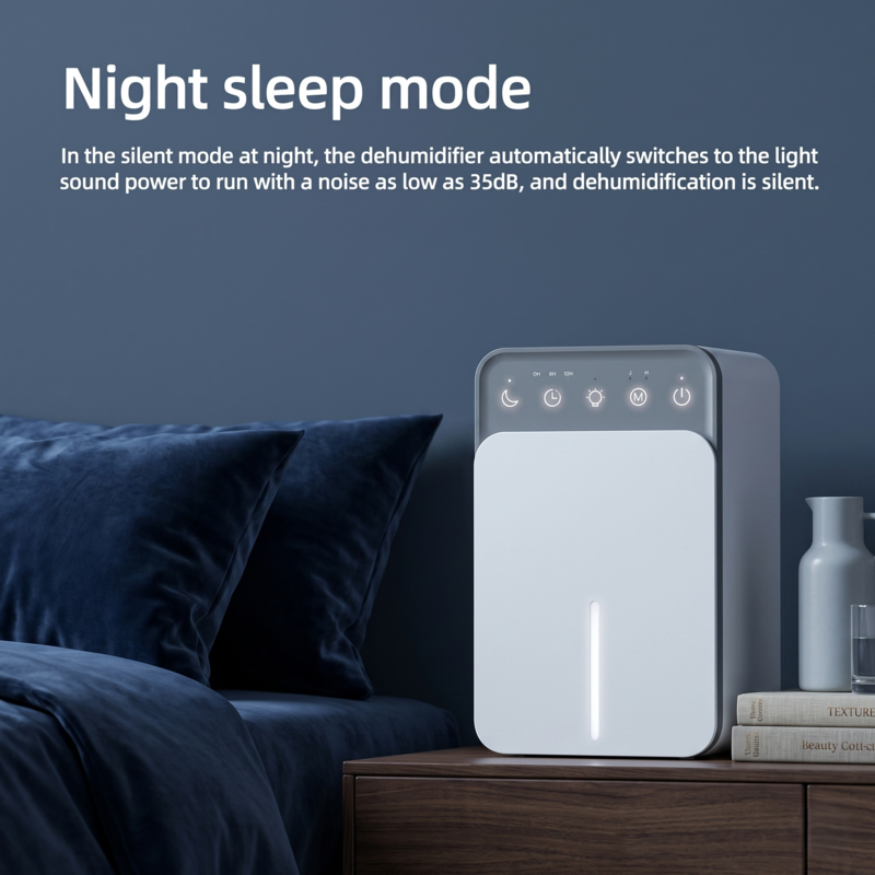 Alphinea whisper-quiet dehumidifier operating in night sleep mode on a bedroom nightstand, creating a crisp, allergen-free environment.