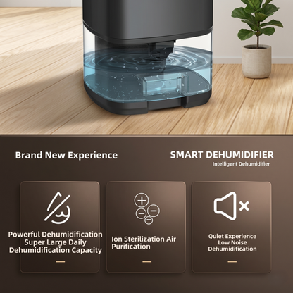 Close-up of the Alphinea smart dehumidifier showcasing core technologies: powerful daily moisture extraction, air purification, and whisper-quiet performance.