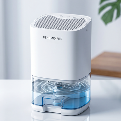 Sleek white Alphinea compact dehumidifier operating silently on a modern desk, engineered for undisturbed deep sleep and optimal humidity control in the bedroom.