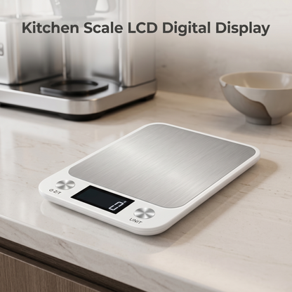Digitale Küchenwaage Alphinea in Weiß mit Edelstahlplattform und LCD-Display für eine moderne Küchenarbeitsplatte.