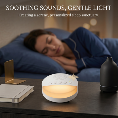 La machine à bruit blanc Alphinea diffuse une douce lumière sur une table de chevet sombre, à côté d'une femme endormie, créant un havre de paix et de sérénité personnalisé.