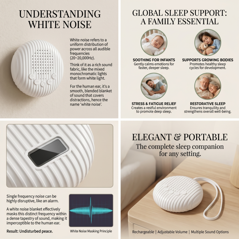 Infographie détaillant les caractéristiques de la machine à bruit blanc Alphinea pour favoriser le sommeil des bébés et des adultes, mettant en avant son design élégant et sa portabilité.