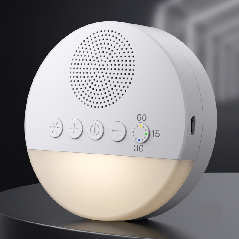 Machine à bruit blanc Alphinea illuminée d'une douce lumière jaune chaude sur fond sombre, idéale pour créer une ambiance relaxante au chevet du lit.