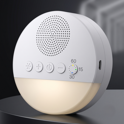 Machine à bruit blanc Alphinea illuminée d'une douce lumière jaune chaude sur fond sombre, idéale pour créer une ambiance relaxante au chevet du lit.