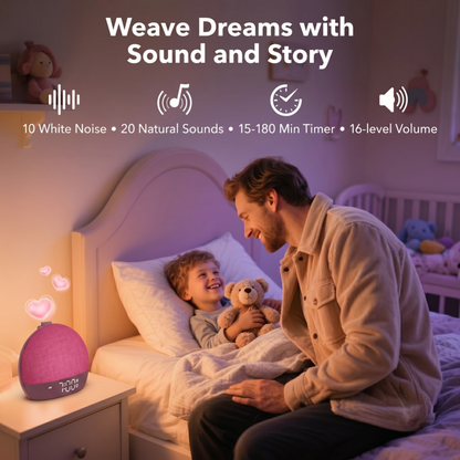 Un père lit une histoire à son enfant au lit, accompagné de la machine à sons Alphinea, qui diffuse des bruits blancs et des sons naturels pour une routine du coucher relaxante.