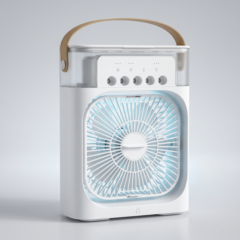 Saubere Studioaufnahme des weißen Alphinea-Personenventilators, die sein leichtes, äußerst portables Design und den praktischen Tragegriff aus Leder zeigt.