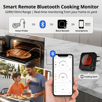 Un père et son fils font un barbecue en plein air en utilisant le thermomètre de barbecue sans fil Alphinea, mettant en évidence la portée de surveillance à distance Bluetooth de 100 mètres via l'application mobile.