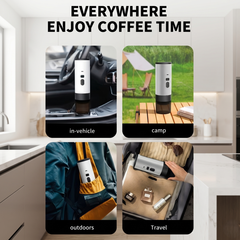 Collage montrant la machine à expresso sans fil Alphinea utilisée dans différents contextes de voyage, notamment à l'intérieur d'un véhicule, en camping, en extérieur et rangée dans un sac de voyage.