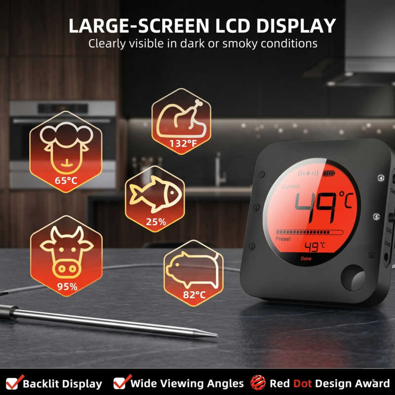 Alphinea smart meat thermometer featuring a large, backlit LCD display with illuminated preset icons for cooking beef, pork, poultry, and fish.