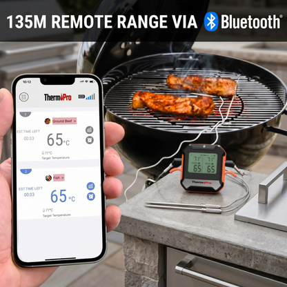 Un utilisateur surveille la cuisson d'un barbecue dans son jardin à l'aide de l'application pour smartphone Alphinea, qui utilise un thermomètre à viande sans fil, démontrant ainsi la portée Bluetooth étendue de 135 mètres.