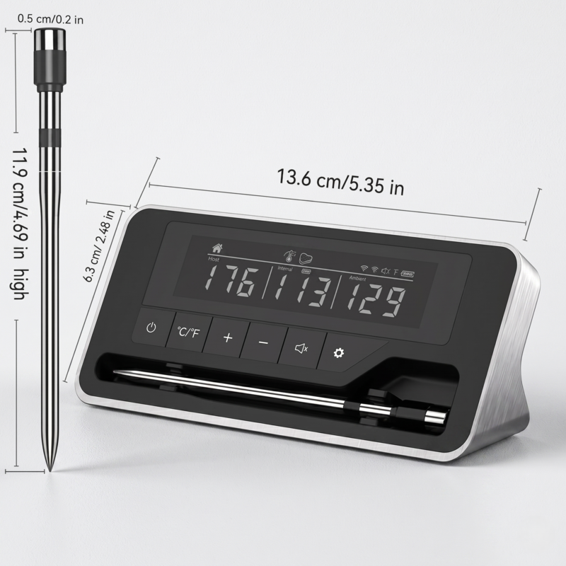 Product dimensions for the Alphinea Smart Wireless Meat Thermometer, showcasing the 17.1 cm probe length and 13.6 cm LCD base station width.