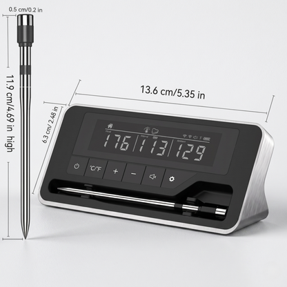 Product dimensions for the Alphinea Smart Wireless Meat Thermometer, showcasing the 17.1 cm probe length and 13.6 cm LCD base station width.